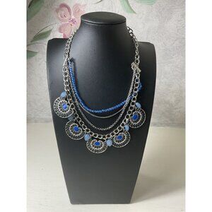 Multi Layer Silver Blue Beaded Necklace With Disc Pendants Adjustable Chain